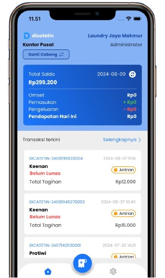 Screenshot Aplikasi Laundry Dicatetin.com - Dashboard utama software POS laundry dengan fitur tracking cucian dan laporan real-time